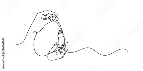 Continuous line drawing of hands holding a serum bottle and dropper for skincare routine Vector, illustration