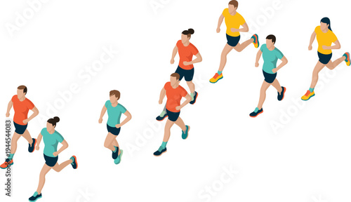 Isometric marathon runners group, men and women jogging athletes running race fitness training sport competition illustration
