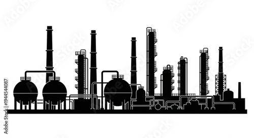 Silhouette of an industrial oil refinery complex with multiple towers and storage tanks against a white background.