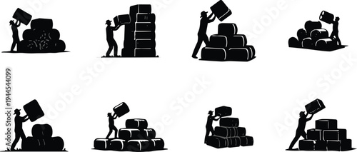 Farmer stacking hay bales silhouette collection showing agricultural work and rural harvest activities, countryside farming labor vector illustration set isolated on white background