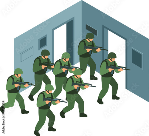 Isometric military soldiers tactical squad clearing building, armed army special forces combat operation urban warfare illustration concept