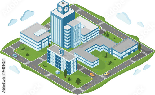 Isometric modern hospital complex with medical center buildings, healthcare facility campus emergency clinic city infrastructure illustration