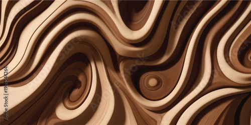 A seamless brown chocolate background features a smooth liquid swirl of dark flowing cream and wavy silk textures with gold accents in a sweet candy design illustration