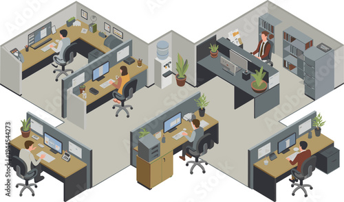 Isometric modern office workspace with employees working at computers, corporate workplace interior business team productivity illustration