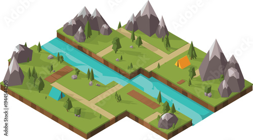 Isometric mountain landscape with river and camping tents, outdoor adventure terrain illustration showing hiking trails forest nature and campsite