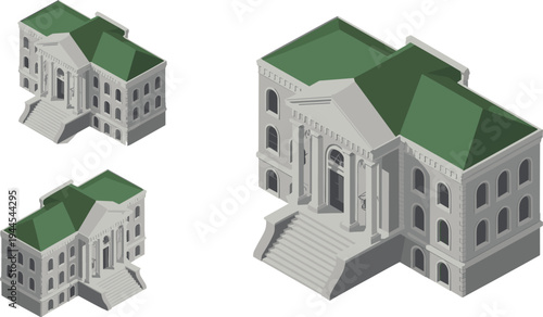 Isometric neoclassical courthouse architecture building set, historic government institution with columns civic landmark museum style architectural illustration