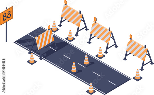 Isometric road construction barriers, traffic cones and warning sign, highway repair zone, roadblock safety equipment illustration concept