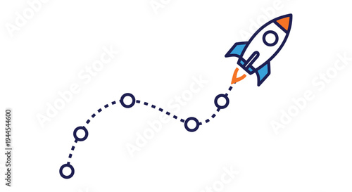A stylized rocket ship illustration with a dotted trail indicating upward movement