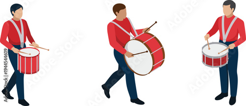 Marching band drummers performing, parade percussion musicians with snare and bass drums, musical performance illustration isolated