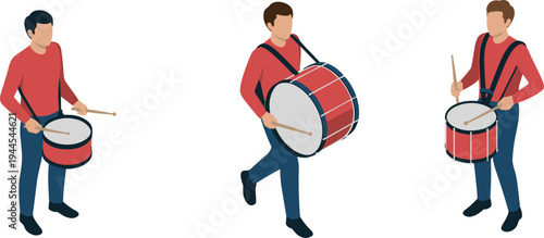 Marching band drummers with snare and bass drums, parade percussion musicians performing musical performance illustration isolated