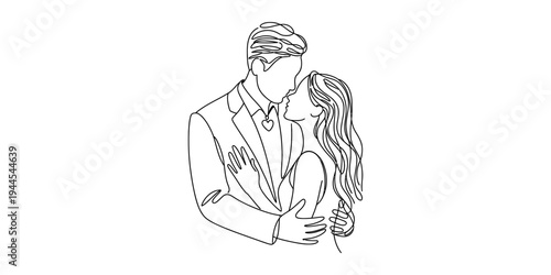 Minimalist one-line art illustration of a loving couple in an intimate embrace, symbolizing connection Vector, illustration