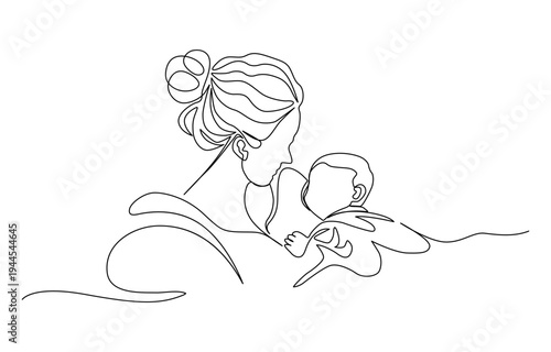 Continuous one line drawing A woman in labor with a newborn. Childbirth. A woman gives birth. A continuous line drawing of a mother lovingly embracing her newborn baby.