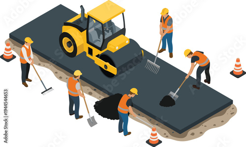 Road construction workers paving asphalt with roller compactor, highway repair crew performing road maintenance, infrastructure development illustration scene