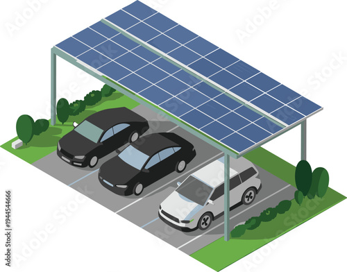 Solar panel carport parking with electric vehicles, renewable energy charging station, sustainable transportation infrastructure, green technology illustration concept