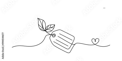 Single continuous line drawing of a price tag, a green plant sprout, and a heart, symbolizing sustainable value Vector, illustration