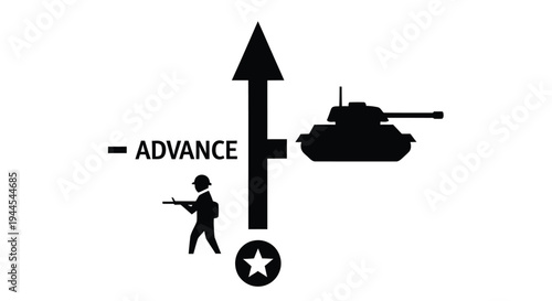 Military advance symbol a soldier tank and arrow indicating forward movement
