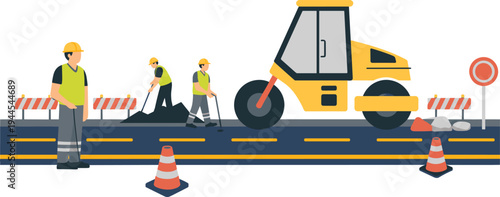 Road construction workers repairing asphalt with roller compactor, highway maintenance work zone, civil engineering infrastructure development illustration concept