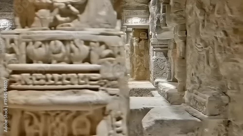 Immersive exploration of ancient stone temple interiors, intricate carvings illuminating the depth of cultural heritage architecture