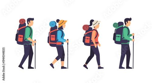 Group of hikers walking in a line with backpacks and walking sticks