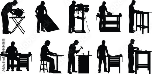 Carpenter silhouette set featuring woodworkers using tools saw drill press workbench for woodworking furniture manufacturing industrial labor and workshop projects