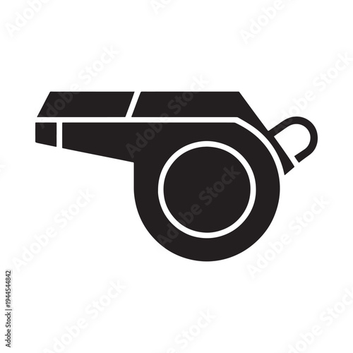 A simple black silhouette of a sports whistle with a lanyard