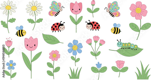 Cute garden vector set featuring smiling flowers butterflies ladybugs bees and caterpillar with spring blossoms leaves and grass icons