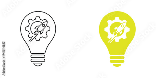 Creative idea concept line icon, light bulb with rocket and gear representing startup innovation, entrepreneurship and business development.