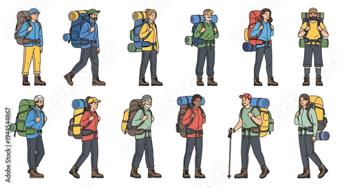 Group of hikers with backpacks walking in a line illustration