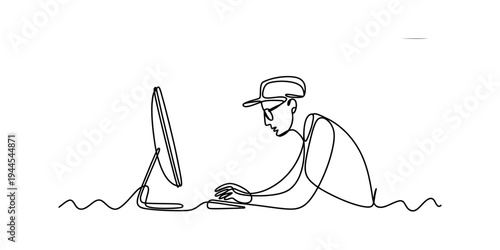 Continuous line drawing depicting a focused individual wearing glasses and a cap, typing on a computer Vector, illustration