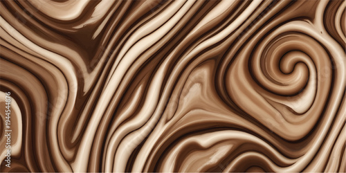 A smooth dark liquid chocolate swirl pattern creates a flowing wood texture background with sweet cream waves and a golden silk design for a delicious food wallpaper