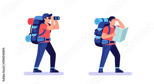 Two hikers navigating with binoculars and a map in a flat illustration