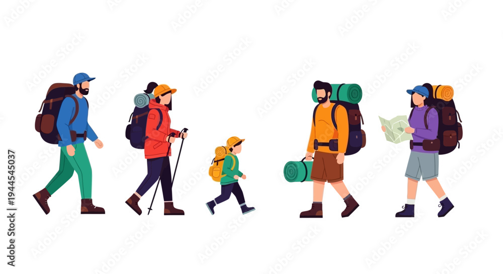 Fototapeta premium A family of hikers walks along a trail with backpacks and gear