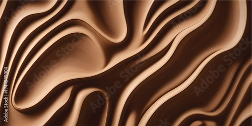 A seamless dark chocolate background features flowing liquid waves and a golden silk satin texture with a shiny brown fabric pattern for a soft textile wallpaper design