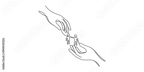Continuous line art illustrating hands giving and receiving support to two connected human figures, symbolizing help and unity. Vector, illustration