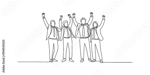 Four business people celebrating success together with raised arms in a continuous line art drawing Vector, illustration