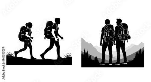 Silhouettes of hikers with backpacks against a mountainous backdrop
