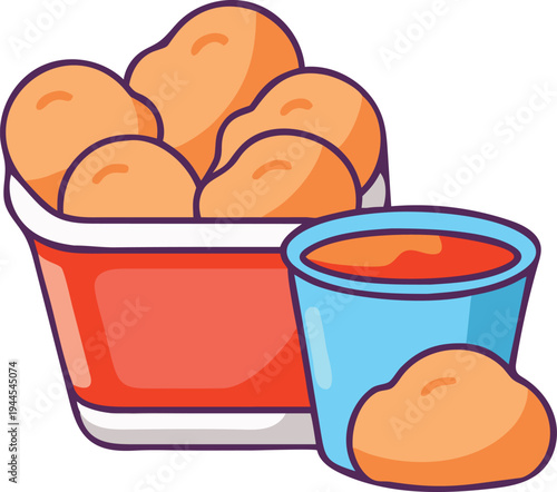 Bucket of Chicken Nuggets with Dipping Sauce and Single Nugget