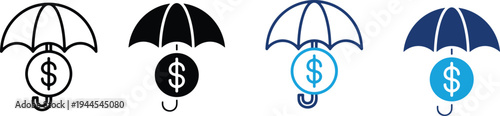 Financial protection and insurance concept icon set with umbrella and dollar symbol, money security and investment safety vector illustrations isolated on white background