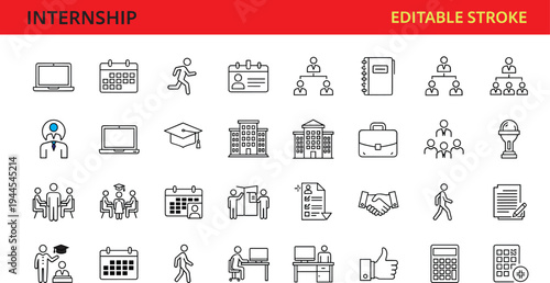 Internship and career development line icon set including education, office work, meeting, hiring, business training and professional symbols