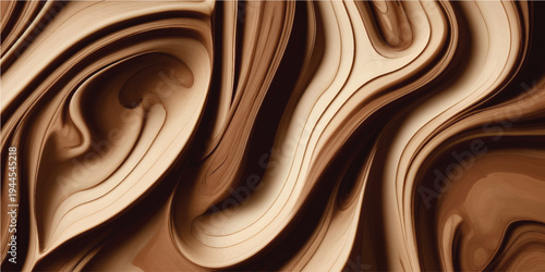 Smooth brown wood texture background with a flowing chocolate liquid swirl and dark cocoa cream waves in a sweet spiral pattern