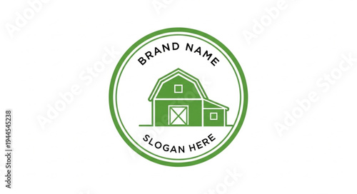 Green barn logo with brand name and slogan inside a circle, representing agriculture and farming.