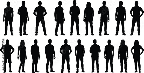People silhouette collection, men and women standing poses, human figure set, diverse crowd outline, isolated black characters, lifestyle body shapes vector illustration