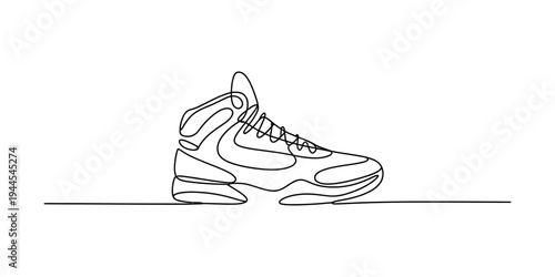 Continuous line drawing of a high-top sneaker on a white background, highlighting a minimalist design style. Vector, illustration