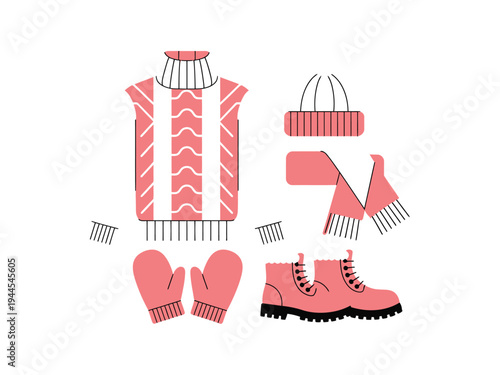 Cozy pink knitted winter sweater, hat, mittens, scarf, and boots are arranged separately.