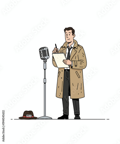 Vintage radio broadcaster speaking into microphone vector illustration flat design