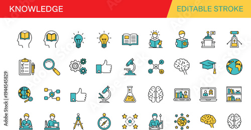 Knowledge and education editable stroke icon set including learning, research, science, graduation, brain, microscope and academic study symbols