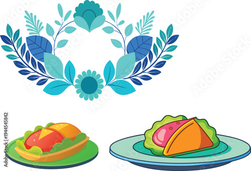 Vibrant illustration of tacos and decorative leafy wreath on white background