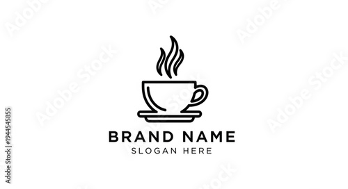 Minimalist line art logo of a steaming coffee cup on a saucer, with space for brand name and slogan.