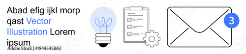 Communication, innovation, task management, notifications, email tracking, workflow efficiency. Light bulb, checklist envelope with notification icon and gear illustrated. Communication