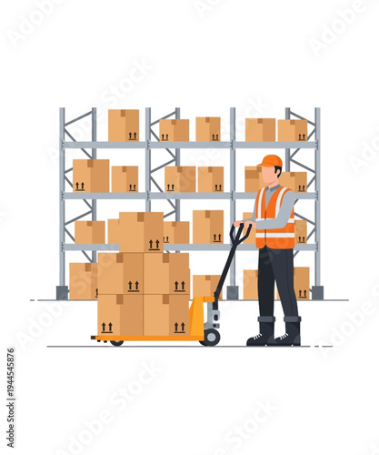 Warehouse worker moving boxes on pallet jack vector illustration flat design
